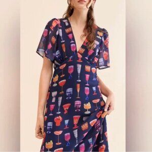 Anthropologie Blue Cocktail Print Midi Dress